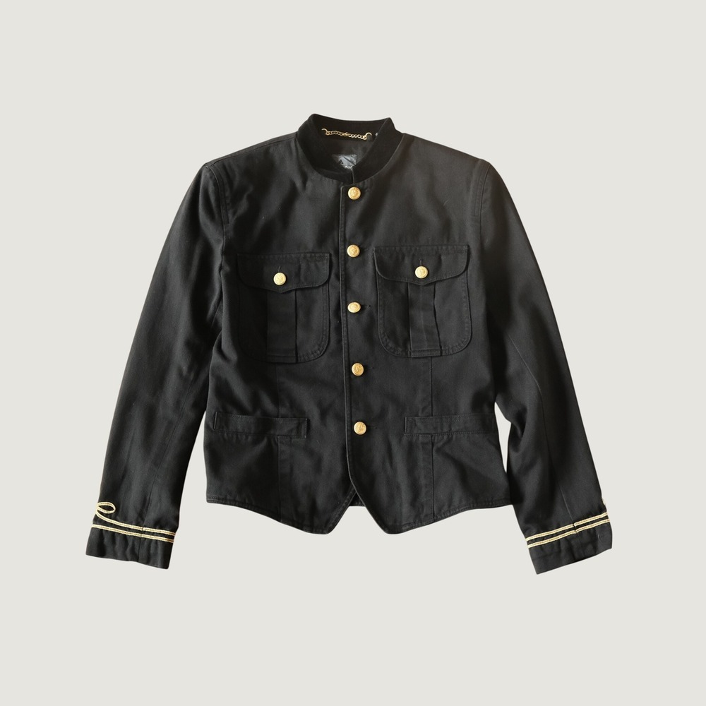 Liz wear Jacket Military Band Blazer Black Gold Crest Button Velvet Trim 12 Vtg